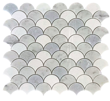 Natural stone tile by Roca featuring a blue mix, Carrara, and Thassos marble in a 12x12 fan-shaped mosaic pattern.