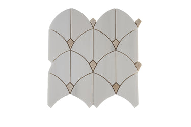 Beige dolomite marble mosaic tile with dot pattern from Mythology Tile, polished surface, ideal for wall or floor decor.