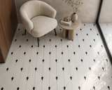 Black and white dolomite marble mosaic tile with black dot pattern, polished finish, by Mythology Tile.