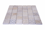 Close-up of Mythology Tile Art Mix 2x2 travertine tumbled mosaic tile showcasing natural stone texture and intricate pattern.