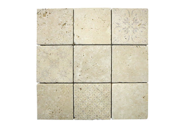 Art Mix Ivory Travertine mosaic tile with decorative printed patterns and tumbled finish