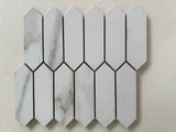Calacatta polished marble picket mosaic tile featuring white marble with bold gray veining in a linear pattern