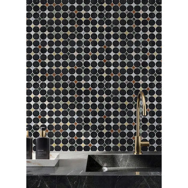 Close-up of Caldera Natural Stone Mosaic Tile by Mir showing textured, earthy stone pieces arranged in a detailed mosaic pattern.