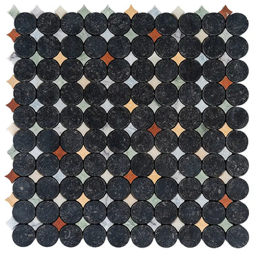 Caldera natural stone mosaic tile by Mir showing a close-up of textured, earthy-toned small stone pieces arranged in a mosaic pattern.