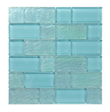 Crystal Aqua Osaka Maldives Green multangular glass mosaic tile featuring aqua and turquoise tones for swimming pools, pool waterlines, spas, and water features.