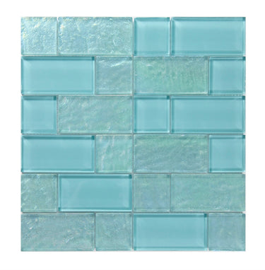 Crystal Aqua Osaka Maldives Green multangular glass mosaic tile featuring aqua and turquoise tones for swimming pools, pool waterlines, spas, and water features.