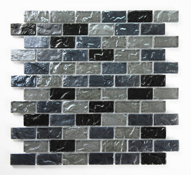 Crystal Aqua Soho Gray Blend 1x2 glass mosaic tile featuring contemporary gray tones for swimming pools, pool waterlines, spas, and water features.