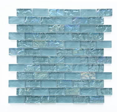Crystal Aqua Soho Green 1x2 glass mosaic tile featuring aqua and turquoise blue-green tones for swimming pools, pool waterlines, spas, and water features.