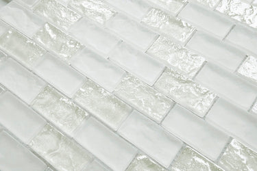 Crystal Aqua Soho White 1x2 glass mosaic tile featuring bright white tones for swimming pools, pool waterlines, spas, and water features.