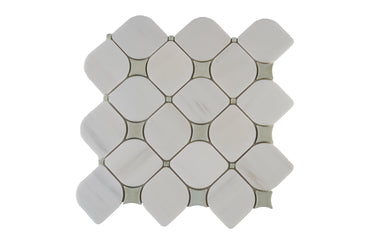 Polished marble mosaic tile featuring green and dolomite tones from Mythology Tile's Cosima collection.