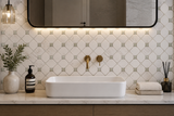 Polished marble mosaic tile featuring dolomite and green Cosima pattern by Mythology Tile, suitable for wall or surface decoration.