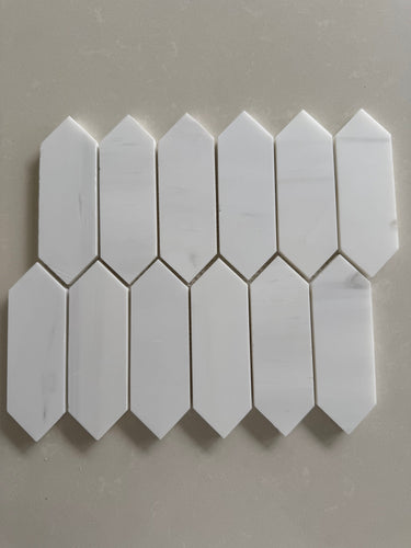 Dolomite honed marble picket mosaic tile featuring soft white and gray natural stone in a modern linear design