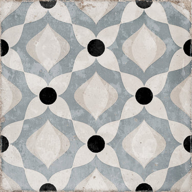Blue and white patterned porcelain tile flooring featured in a bright residential interior