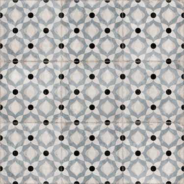 Decorative blue porcelain floor tile installation with vintage-inspired geometric pattern
