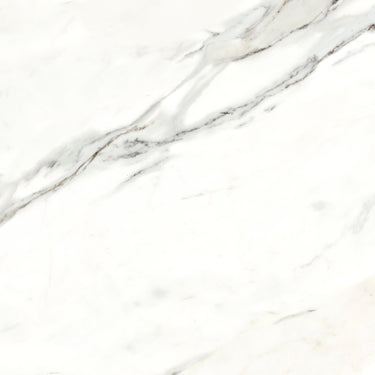 Large format marble look porcelain tile floor with white background and gray veining