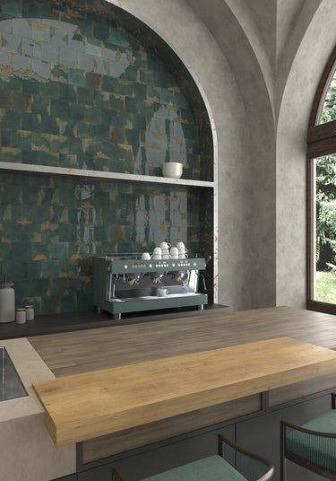 Glossy emerald green porcelain tile creating a decorative feature wall