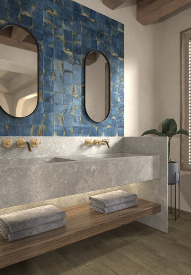 Glossy blue porcelain tile creating a decorative feature wall