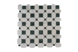 Evander Mint Dolomite and Verde Guata polished marble mosaic tile by Mythology Tile, showcasing intricate green and white mosaic patterns.