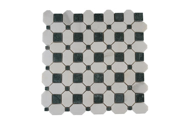 Evander Mint Dolomite and Verde Guata polished marble mosaic tile by Mythology Tile, showcasing intricate green and white mosaic patterns.