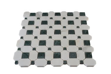 Close-up of Mythology Tile Evander Mint Dolomite and Verde Guata polished marble mosaic tile showing intricate color patterns and polished surface.
