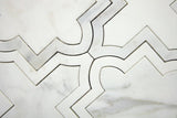 Geometric white marble mosaic tile with curved waterjet-cut pattern detail