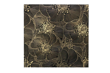 Golden Blossom Nero 18x18 floral decorative mosaic tile by Mythology Tile featuring intricate gold and black floral patterns.