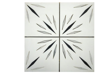 Harmonious white waterjet marble mosaic tile by Mythology Tile, featuring intricate black veining and modern design for elegant surfaces.