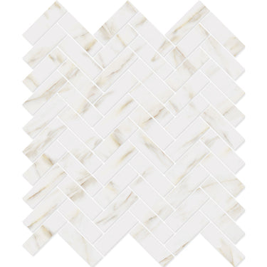 Herringbone Calacatta Gold Matte Marble Look glass mosaic tile featuring a classic herringbone pattern, marble-inspired white tones, and gold accents for swimming pools, pool waterlines, kitchen backsplashes, bathroom backsplashes, shower walls, and decorative accent walls.