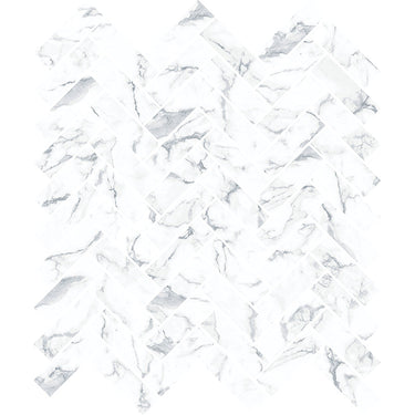 Herringbone Calacatta Matte Marble Look glass mosaic tile featuring a classic herringbone pattern and marble-inspired white tones for swimming pools, pool waterlines, kitchen backsplashes, bathroom backsplashes, shower walls, and decorative accent walls.