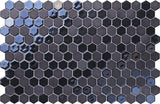 Hexa Artistic Blend Sugar Black glass mosaic tile featuring 1.2 x 1.3 inch hexagon chips and rich black tones for swimming pools, pool waterlines, kitchen backsplashes, bathroom backsplashes, shower walls, and decorative accent walls.