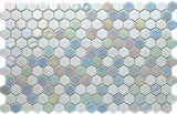 Hexa Artistic Blend Sugar White glass mosaic tile featuring 1.2 x 1.3 inch hexagon chips and bright white tones for swimming pools, pool waterlines, kitchen backsplashes, bathroom backsplashes, shower walls, and decorative accent walls.