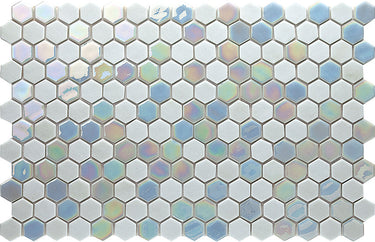 Hexa Artistic Blend Sugar White glass mosaic tile featuring 1.2 x 1.3 inch hexagon chips and bright white tones for swimming pools, pool waterlines, kitchen backsplashes, bathroom backsplashes, shower walls, and decorative accent walls.