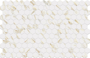 Hexa Calacatta Look Gold matte glass mosaic tile featuring a small hexagon pattern, marble-inspired white tones, and gold accents for swimming pools, pool waterlines, kitchen backsplashes, bathroom backsplashes, shower walls, and accent walls.