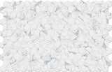Hexa Calacatta Look matte glass mosaic tile featuring a hexagon pattern and marble-inspired white tones for swimming pools, pool waterlines, spas, kitchen backsplashes, bathroom backsplashes, shower walls, and decorative accent walls.