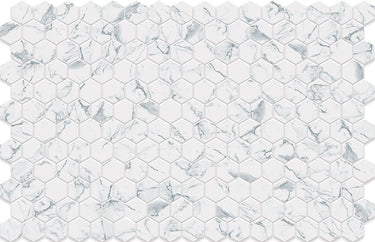 Hexa Calacatta Look matte glass mosaic tile featuring a hexagon pattern and marble-inspired white tones for swimming pools, pool waterlines, spas, kitchen backsplashes, bathroom backsplashes, shower walls, and decorative accent walls.
