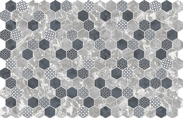 Hexa Concrete Look Deco Olden matte glass mosaic tile featuring a decorative hexagon pattern and concrete-inspired design for swimming pools, pool waterlines, spas, kitchen backsplashes, bathroom backsplashes, shower walls, and accent walls.