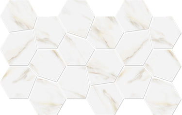 Hexa Mega Air Calacatta Gold Matte Marble Look glass mosaic tile featuring a large hexagon pattern, marble-inspired white tones, and gold accents for swimming pools, pool waterlines, kitchen backsplashes, bathroom backsplashes, shower walls, and decorative accent walls.