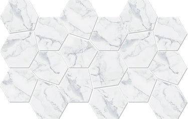 Hexa Mega Air Calacatta Matte Marble Look glass mosaic tile featuring a large hexagon pattern and marble-inspired white tones for swimming pools, pool waterlines, kitchen backsplashes, bathroom backsplashes, shower walls, and decorative accent walls.