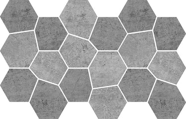 Hexa Mega Air Concrete Blend Dark matte glass mosaic tile featuring a large hexagon pattern and dark concrete-inspired tones for swimming pools, pool waterlines, kitchen backsplashes, bathroom backsplashes, shower walls, and decorative accent walls.
