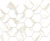 Hexa Mega Calacatta Look Gold matte glass mosaic tile featuring a hexagon pattern, marble-inspired white tones, and gold accents for swimming pools, pool waterlines, kitchen backsplashes, bathroom backsplashes, shower walls, and accent walls.