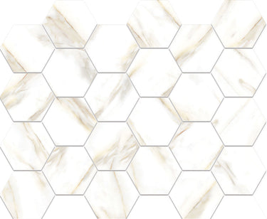 Hexa Mega Calacatta Look Gold matte glass mosaic tile featuring a hexagon pattern, marble-inspired white tones, and gold accents for swimming pools, pool waterlines, kitchen backsplashes, bathroom backsplashes, shower walls, and accent walls.