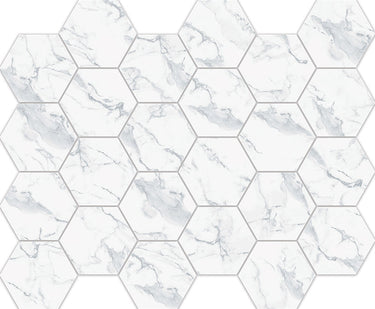 Hexa Mega Calacatta Look matte glass mosaic tile featuring a hexagon pattern and marble-inspired white tones for swimming pools, pool waterlines, kitchen backsplashes, bathroom backsplashes, shower walls, and accent walls.