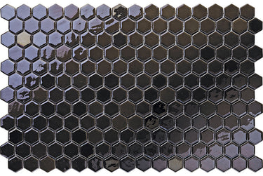 Hexa Midnight Blue glass mosaic tile featuring 1.2 x 1.3 inch hexagon chips and deep blue tones for swimming pools, pool waterlines, kitchen backsplashes, bathroom backsplashes, shower walls, and decorative accent walls.