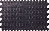 Hexa Neostone Black matte glass mosaic tile featuring a hexagon pattern and matte black finish for swimming pools, pool waterlines, spas, kitchen backsplashes, bathroom backsplashes, shower walls, and decorative accent walls.