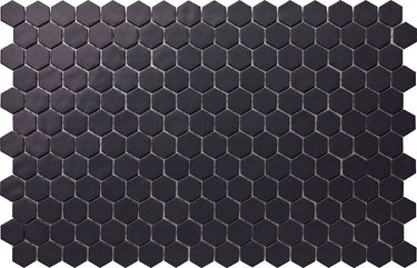 Hexa Neostone Black matte glass mosaic tile featuring a hexagon pattern and matte black finish for swimming pools, pool waterlines, spas, kitchen backsplashes, bathroom backsplashes, shower walls, and decorative accent walls.