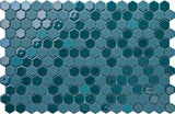 Hexa Neostone Blend Artistic Turquoise glass mosaic tile featuring a hexagon pattern and vibrant turquoise tones for swimming pools, pool waterlines, spas, kitchen backsplashes, bathroom backsplashes, shower walls, and accent walls.