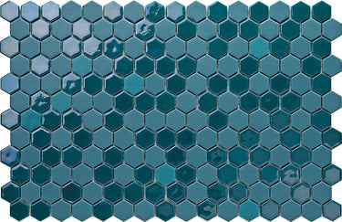 Hexa Neostone Blend Artistic Turquoise glass mosaic tile featuring a hexagon pattern and vibrant turquoise tones for swimming pools, pool waterlines, spas, kitchen backsplashes, bathroom backsplashes, shower walls, and accent walls.