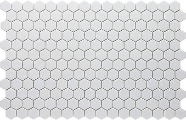 Hexa Neostone White matte glass mosaic tile featuring a hexagon pattern and white stone-inspired tones for swimming pools, pool waterlines, kitchen backsplashes, bathroom backsplashes, shower walls, and decorative accent walls.