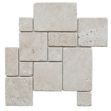 Ivory Travertine Mini Opus Pattern Tumbled Mosaic Tile - MosaicBros.com