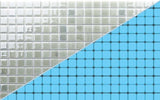 Luminous Ocean and Ice Blue pool-grade glass mosaic tile featuring ocean blue and ice blue tones for swimming pools, pool waterlines, spas, fountains, kitchen backsplashes, bathroom backsplashes, shower walls, and decorative accent walls.